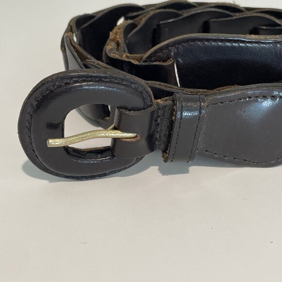 Vintage 80s RITZ Loop Link Belt Women's Medium Dark Brown Leather Covered Buckle - Picture 2 of 11